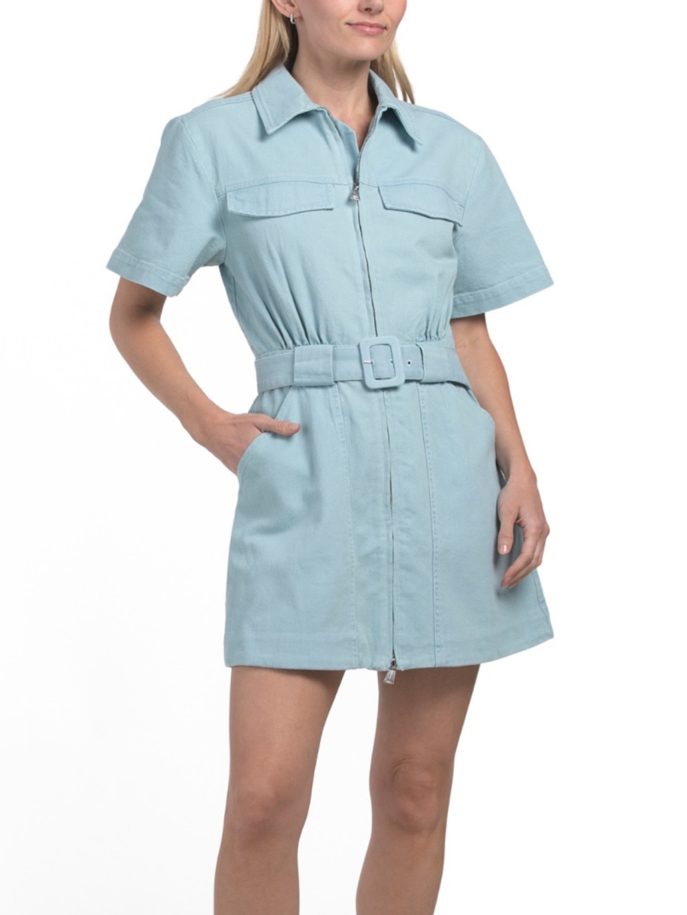 Nicholas Light Blue Short Sleeve Belted Utility Dress